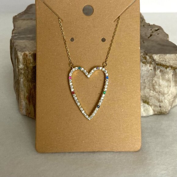 Jewelry - Gold Vermeil Sterling Silver 925 Open Heart Rainbow Pave Pendant Necklace 16-18"